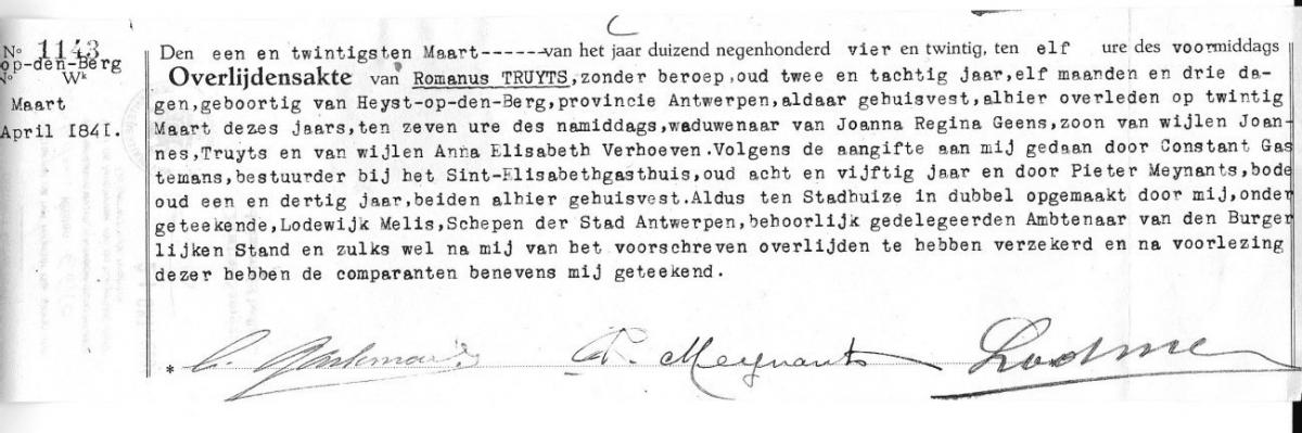 Truyts Romanus Overlijdensakte