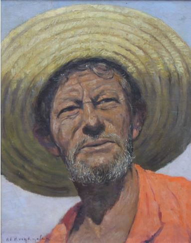 Van Emelen pintura Homem com grande chapéu de palha