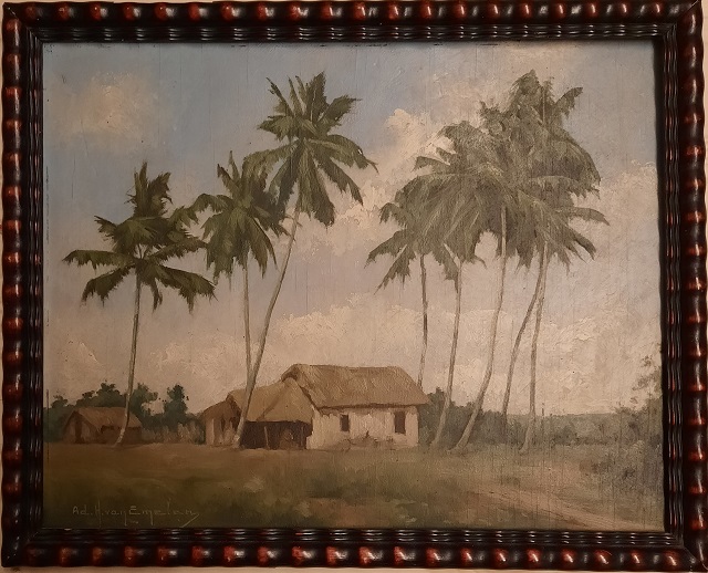 Pintura Van Emelen Paisagem com palmeiras e cabana