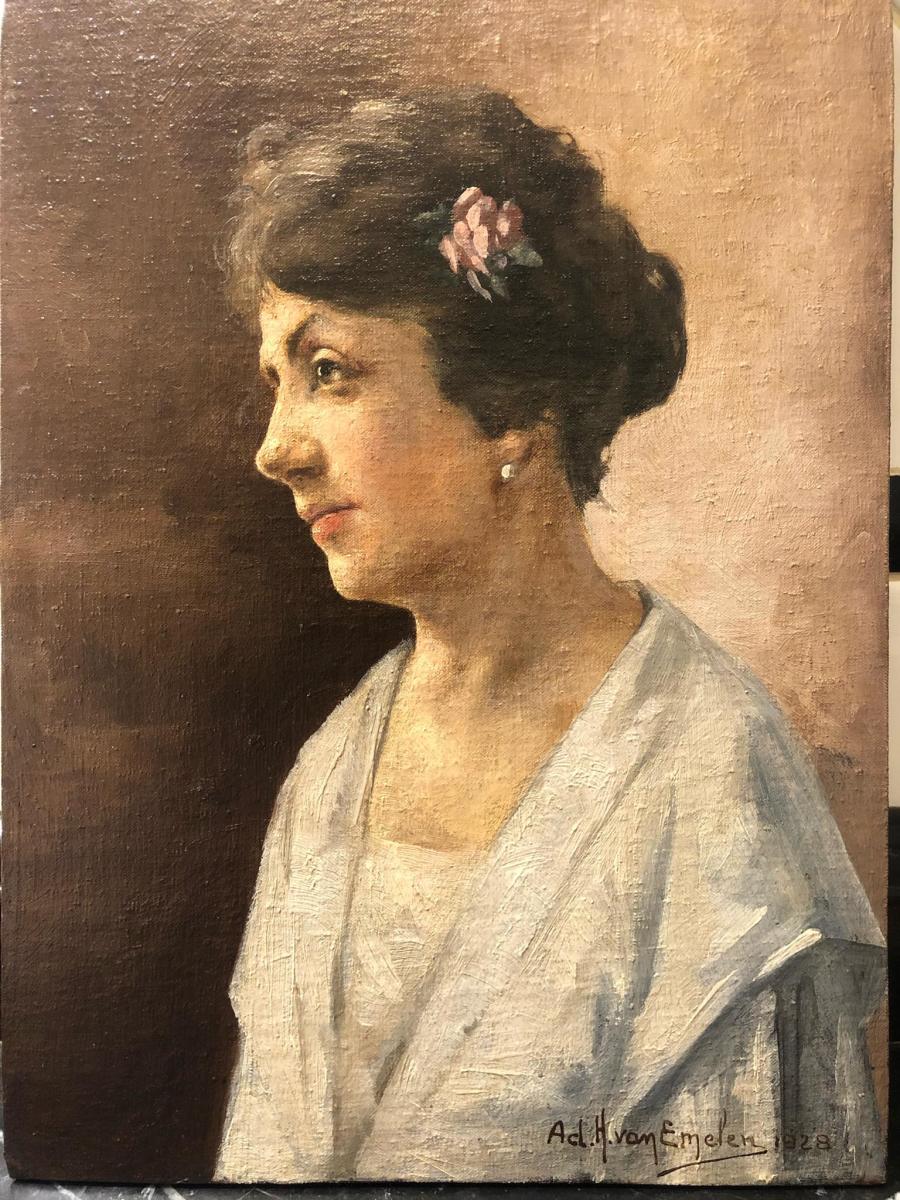 Van Emelen Retrato Mulher Com Flor Cabelos